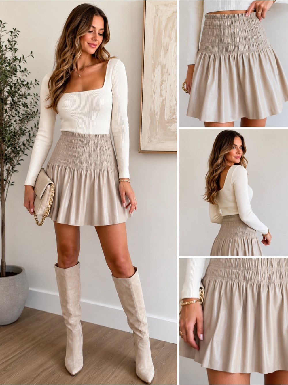 7 For All Mankind Beige Smocked Waist Pleated Mini Skirt